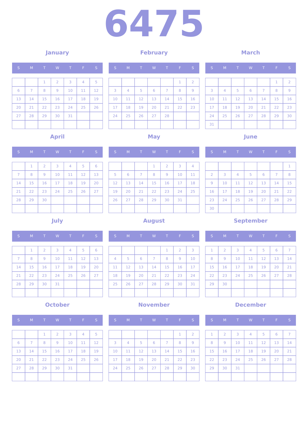 Printable 6475 Year Calendars periwinkle