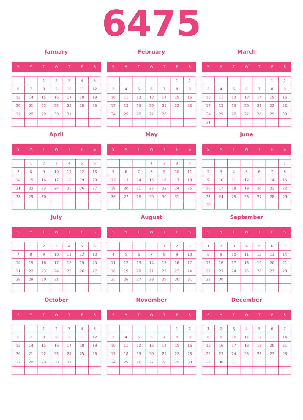 Printable 6475 Year Calendars pink