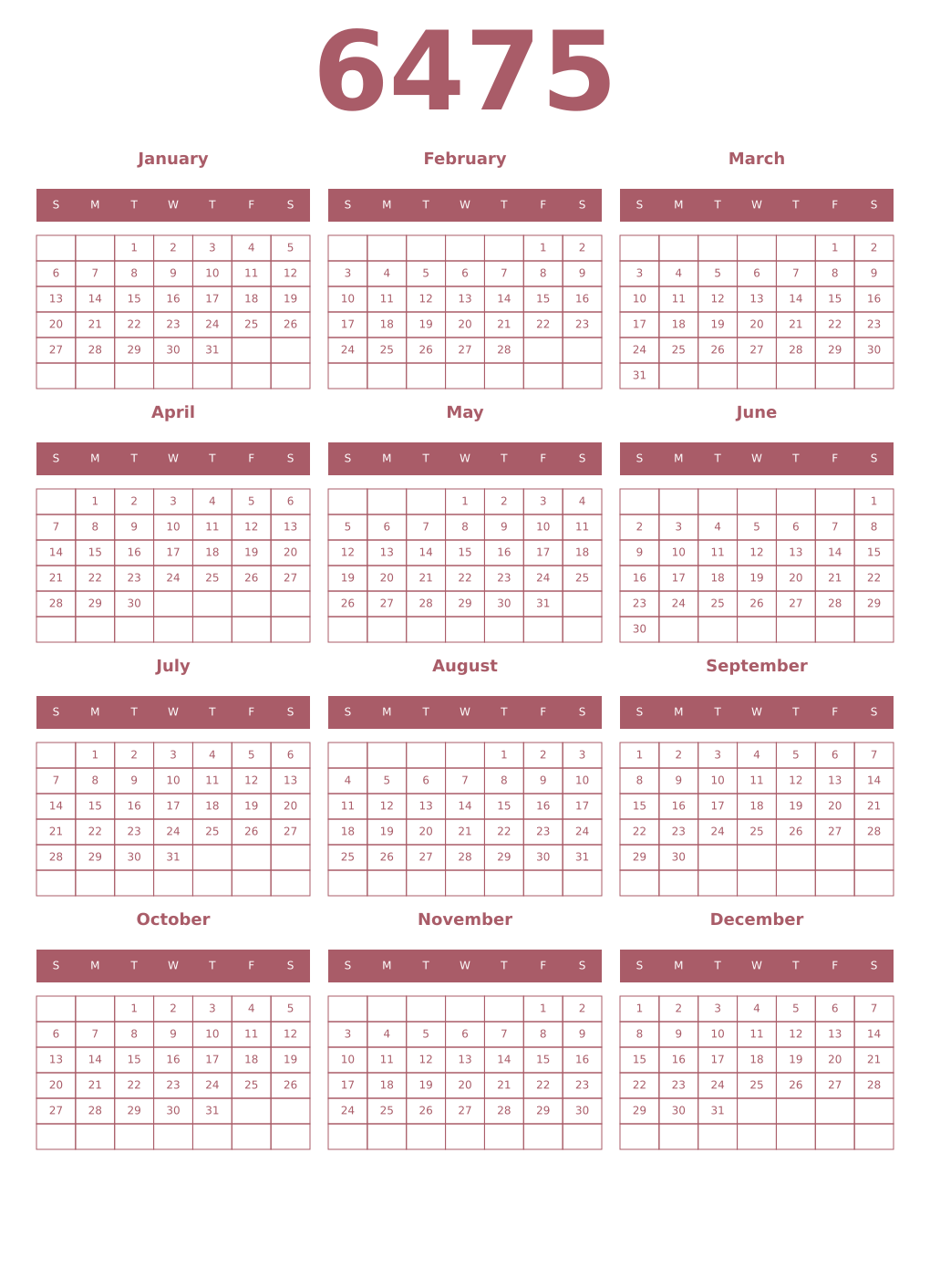 Printable 6475 Year Calendars puce