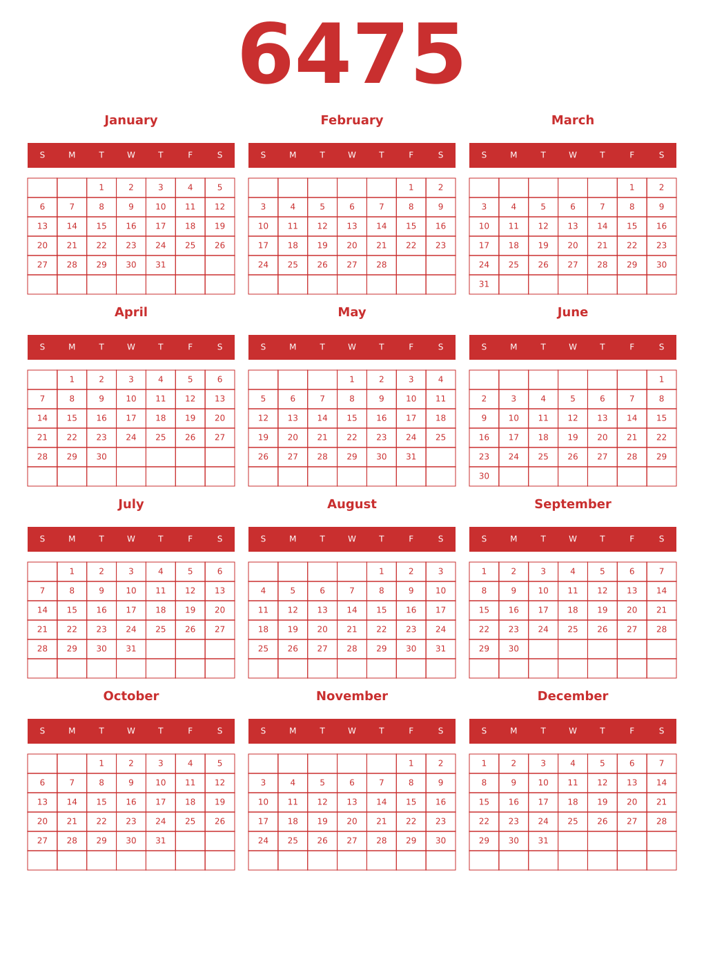 Printable 6475 Year Calendars red