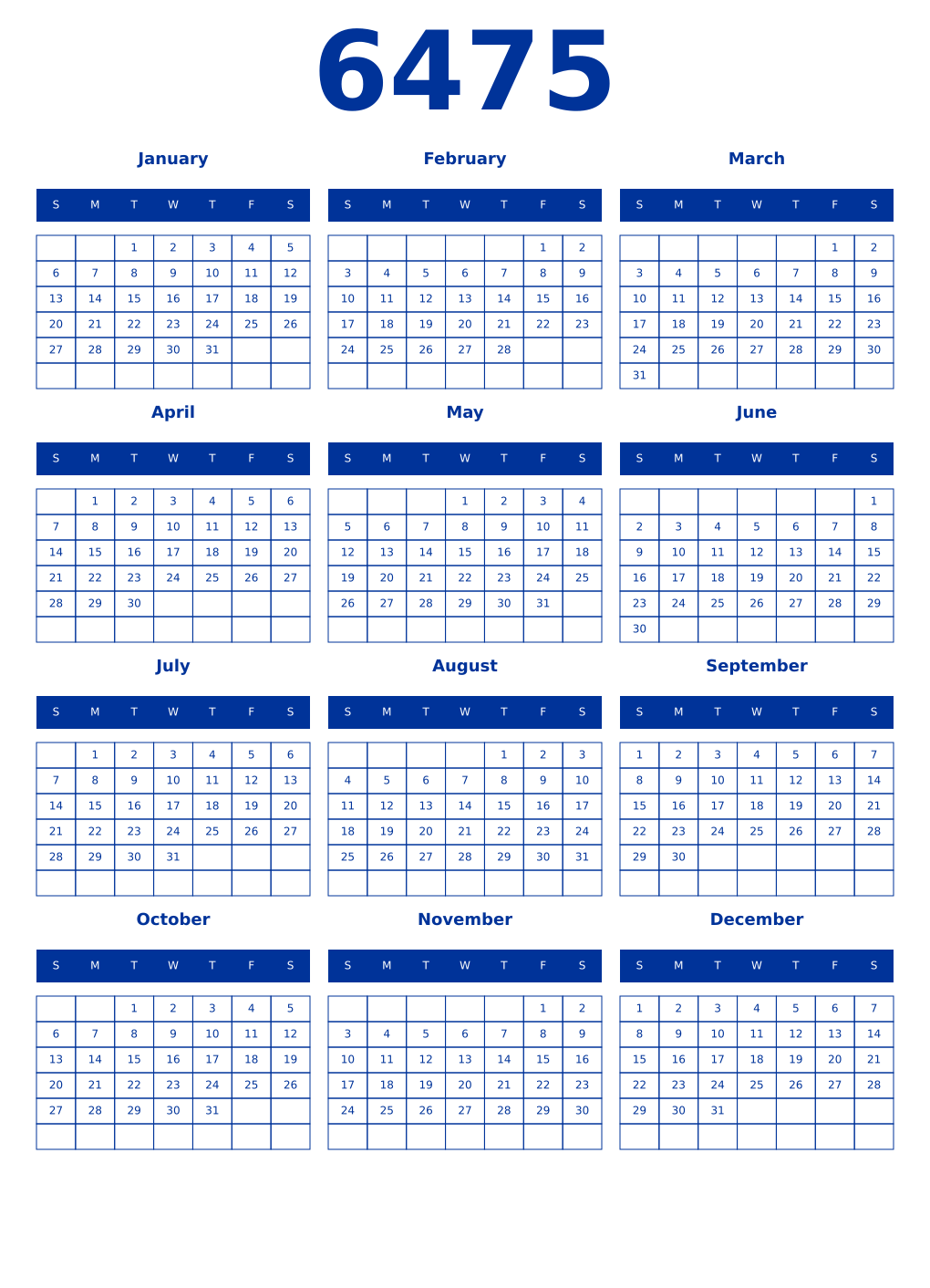 Printable 6475 Year Calendars smalt