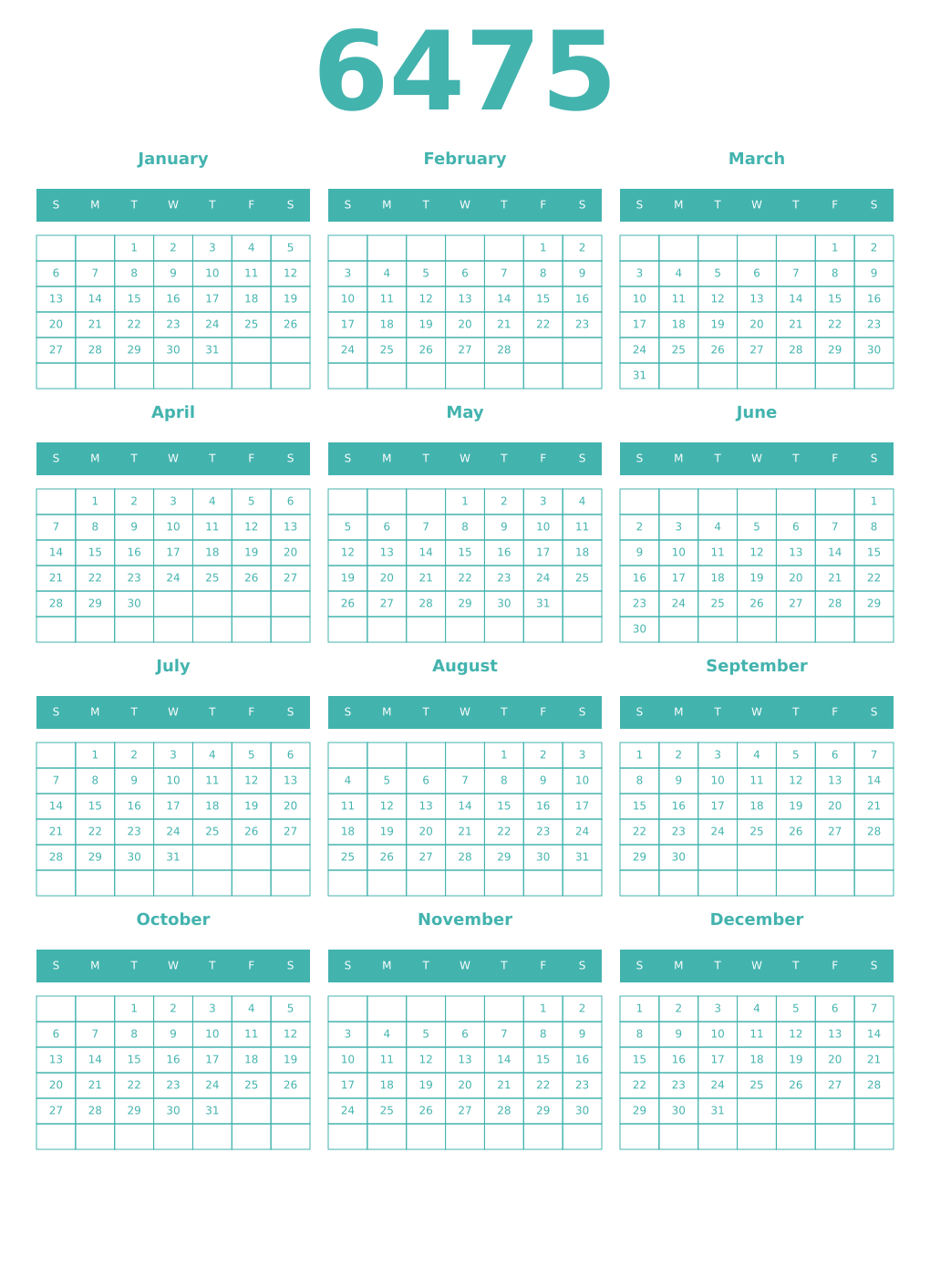 Printable 6475 Year Calendars verdigris
