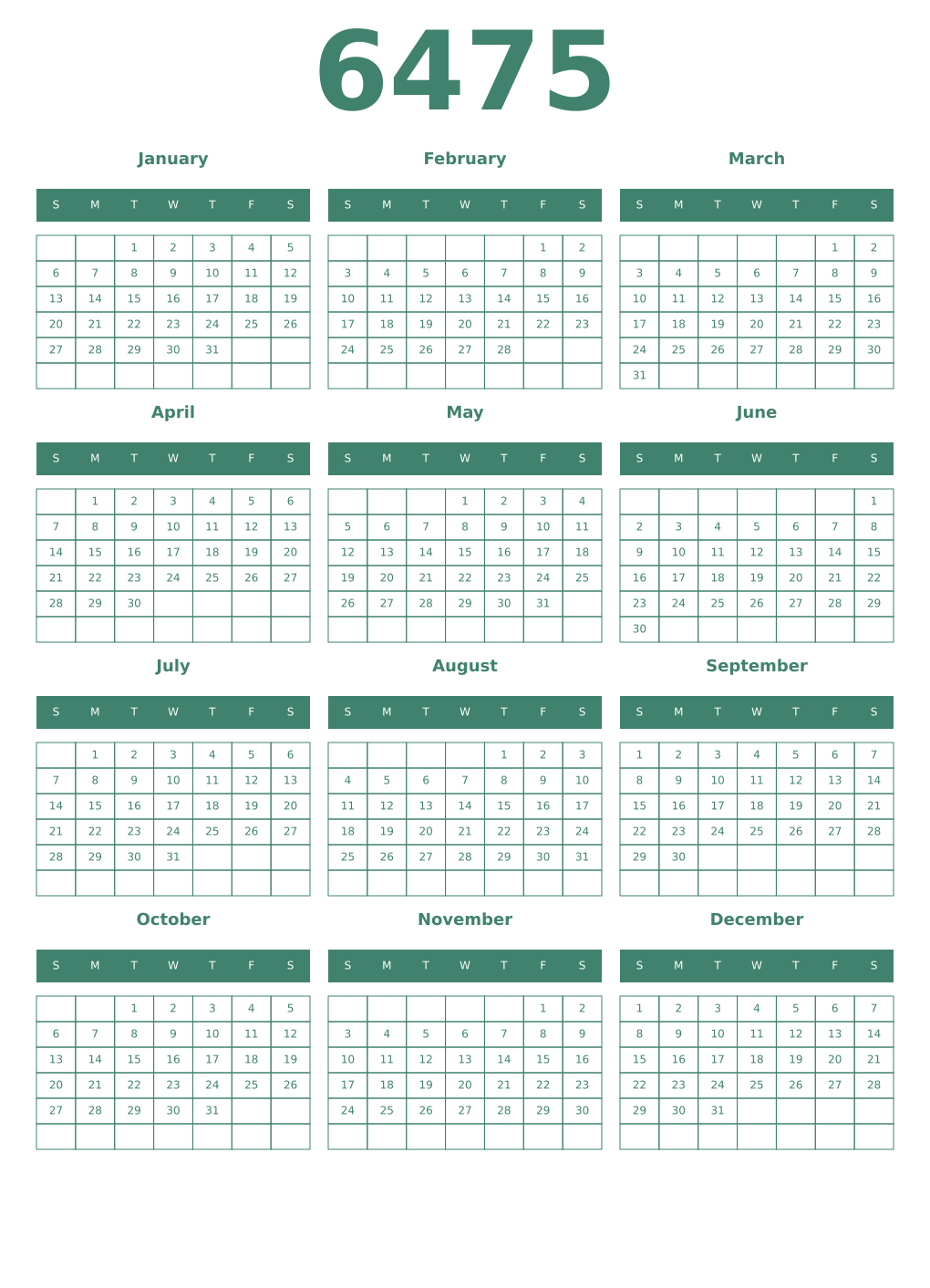 Printable 6475 Year Calendars viridian