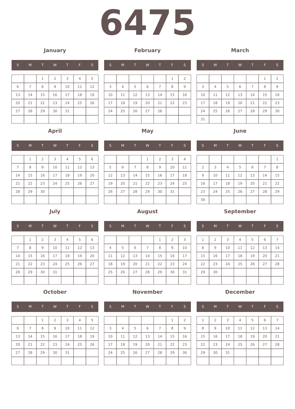 Printable 6475 Year Calendars wenge