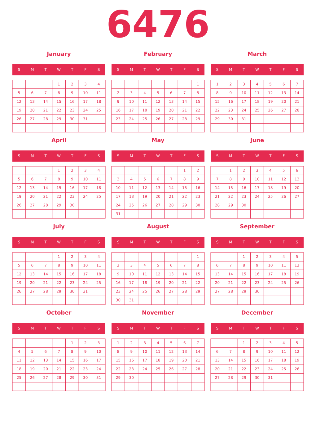 Printable 6476 Year Calendars amaranth