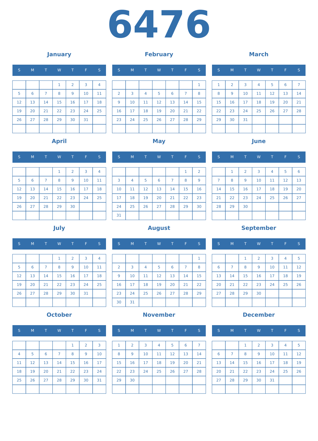 Printable 6476 Year Calendars blue