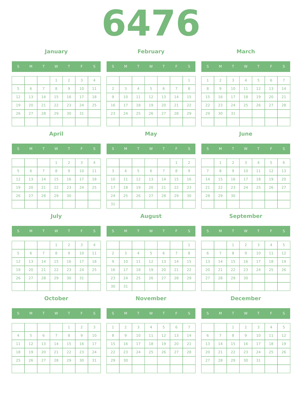 Printable 6476 Year Calendars celadon