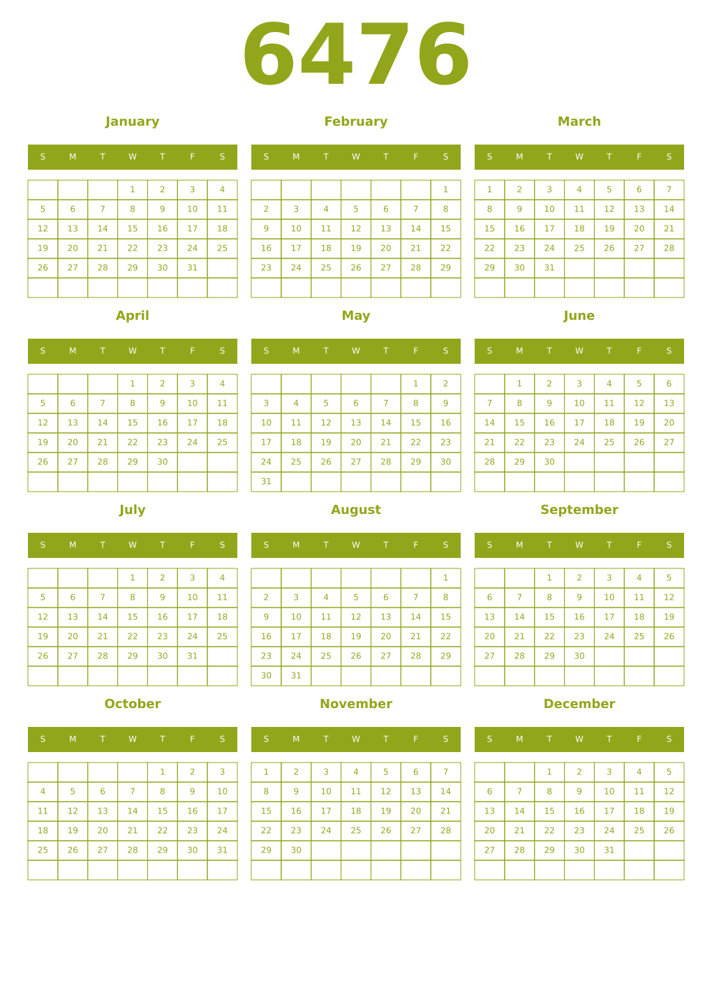 Printable 6476 Year Calendars chartreuse