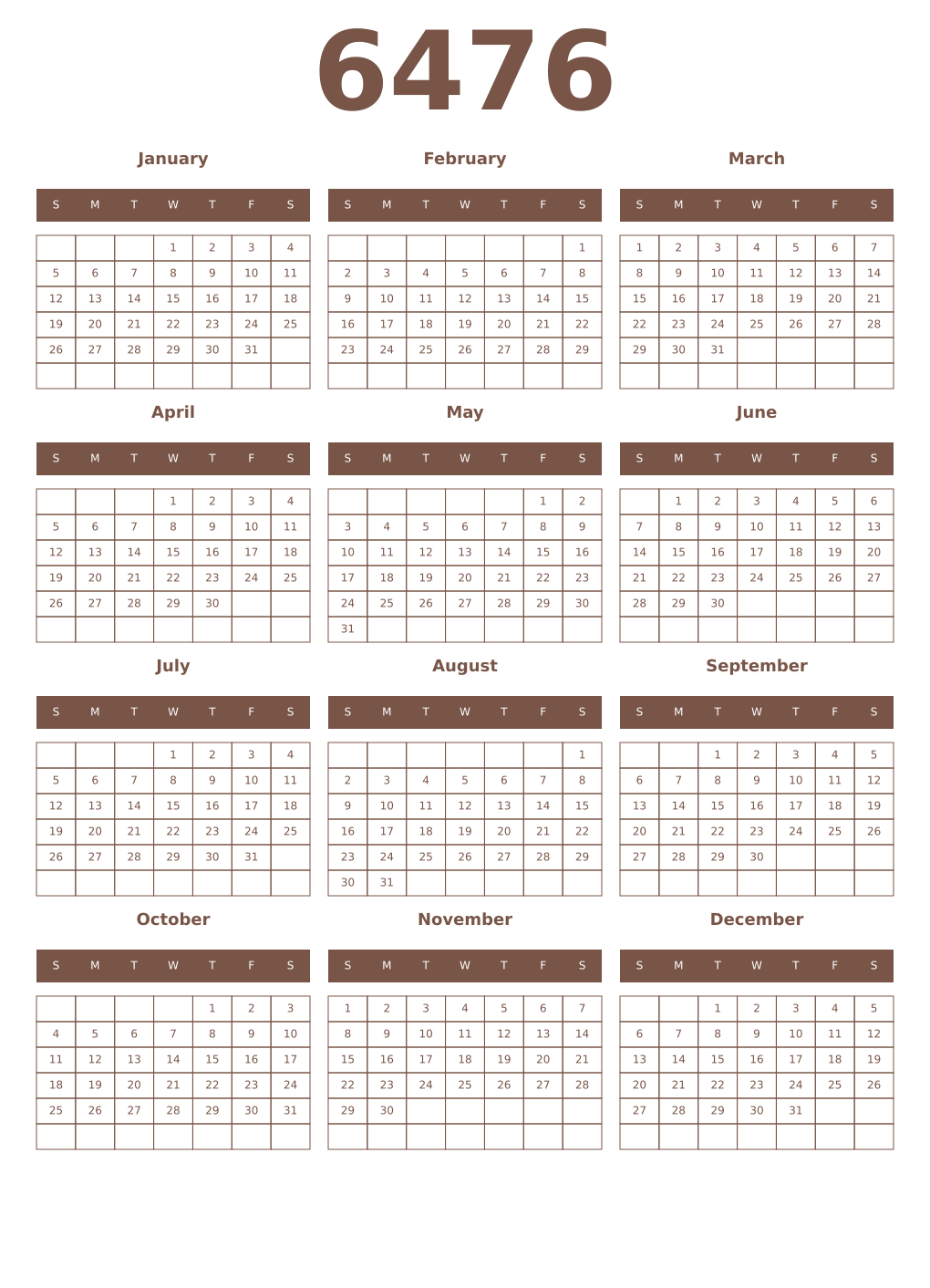 Printable 6476 Year Calendars coffe