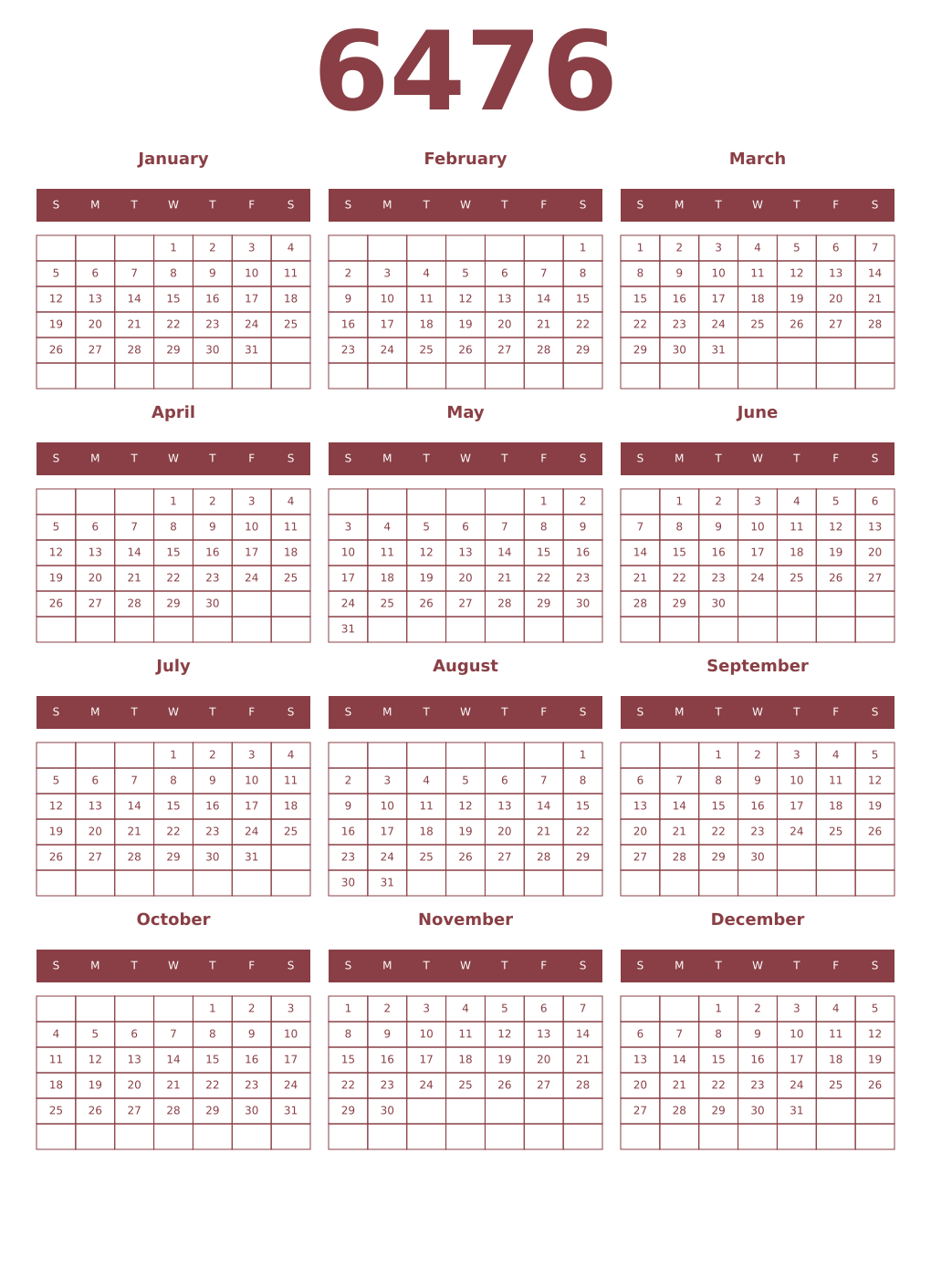 Printable 6476 Year Calendars cordovan