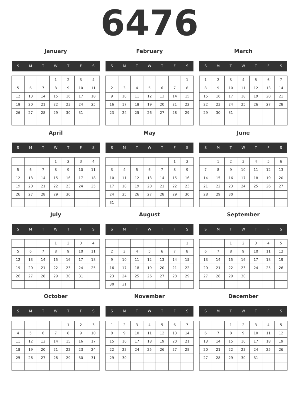 Printable 6476 Year Calendars dark