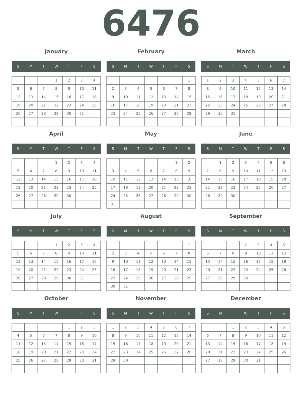 Printable 6476 Year Calendars feldgrau