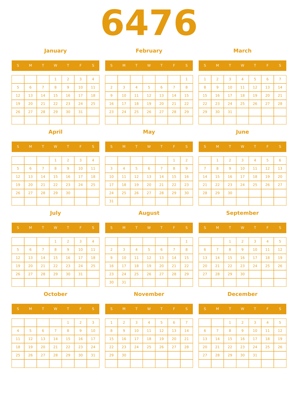 Printable 6476 Year Calendars gamboge