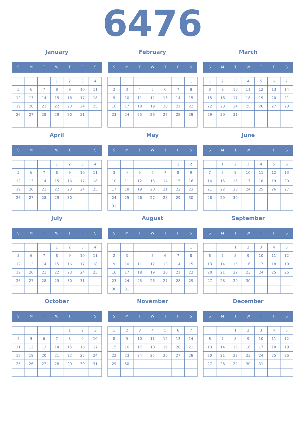 Printable 6476 Year Calendars glaucous