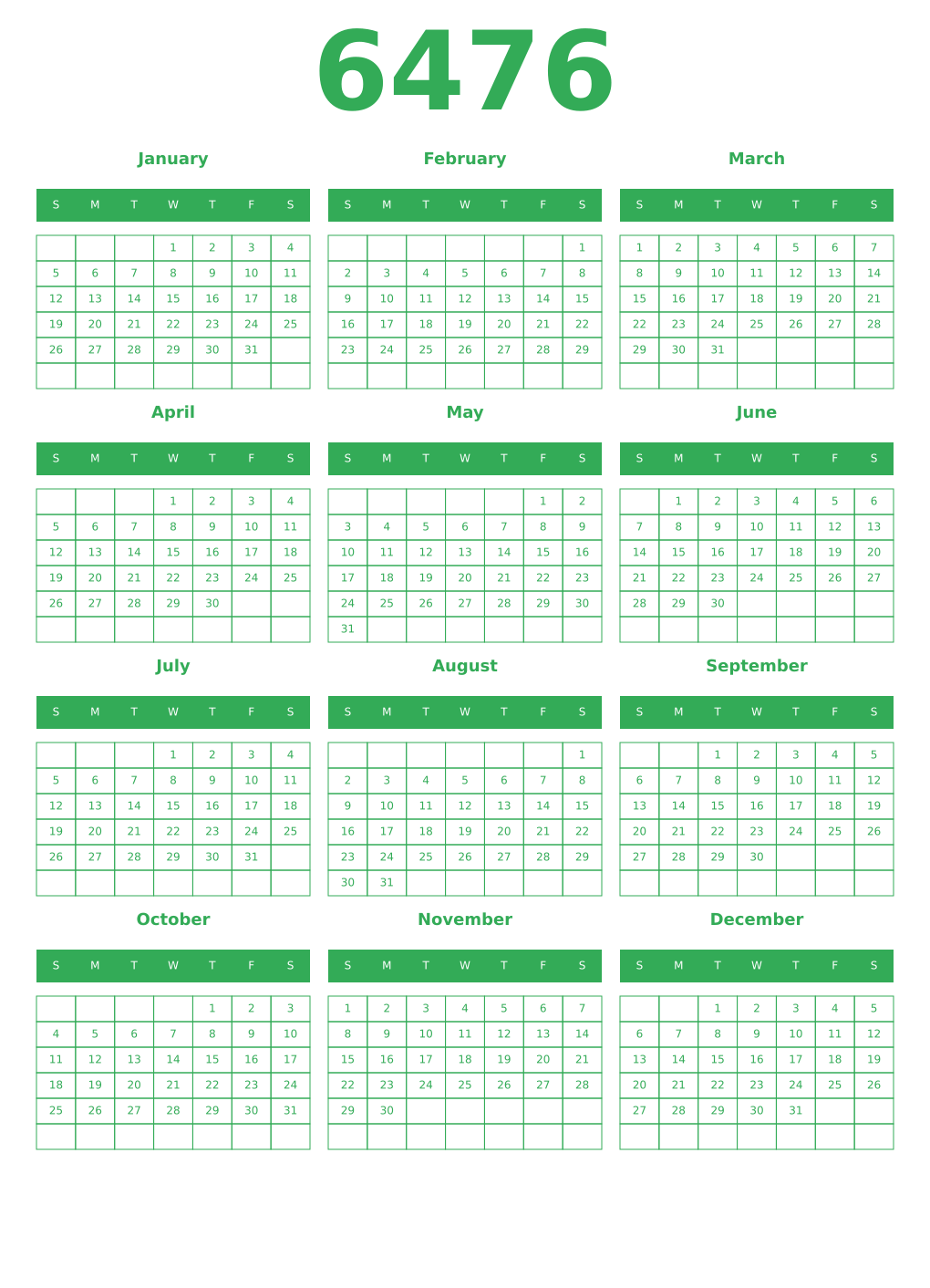 Printable 6476 Year Calendars green