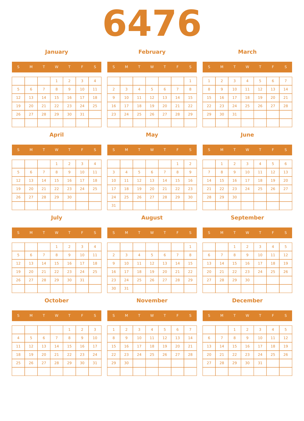 Printable 6476 Year Calendars orange