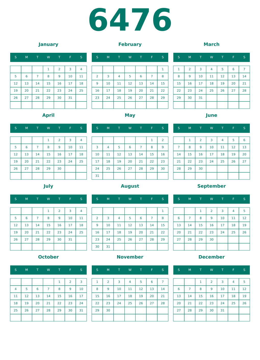 Printable 6476 Year Calendars pastel