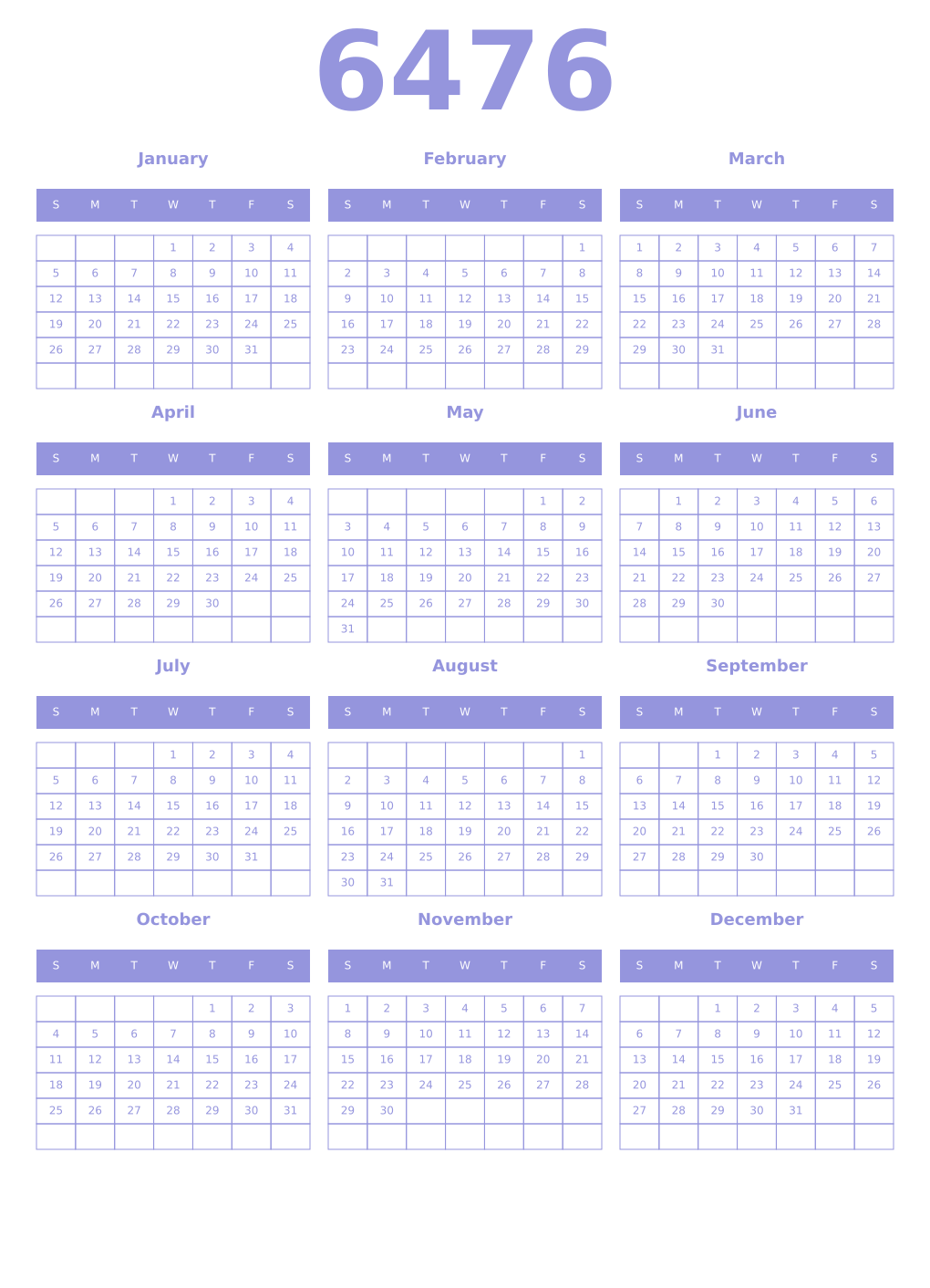 Printable 6476 Year Calendars periwinkle