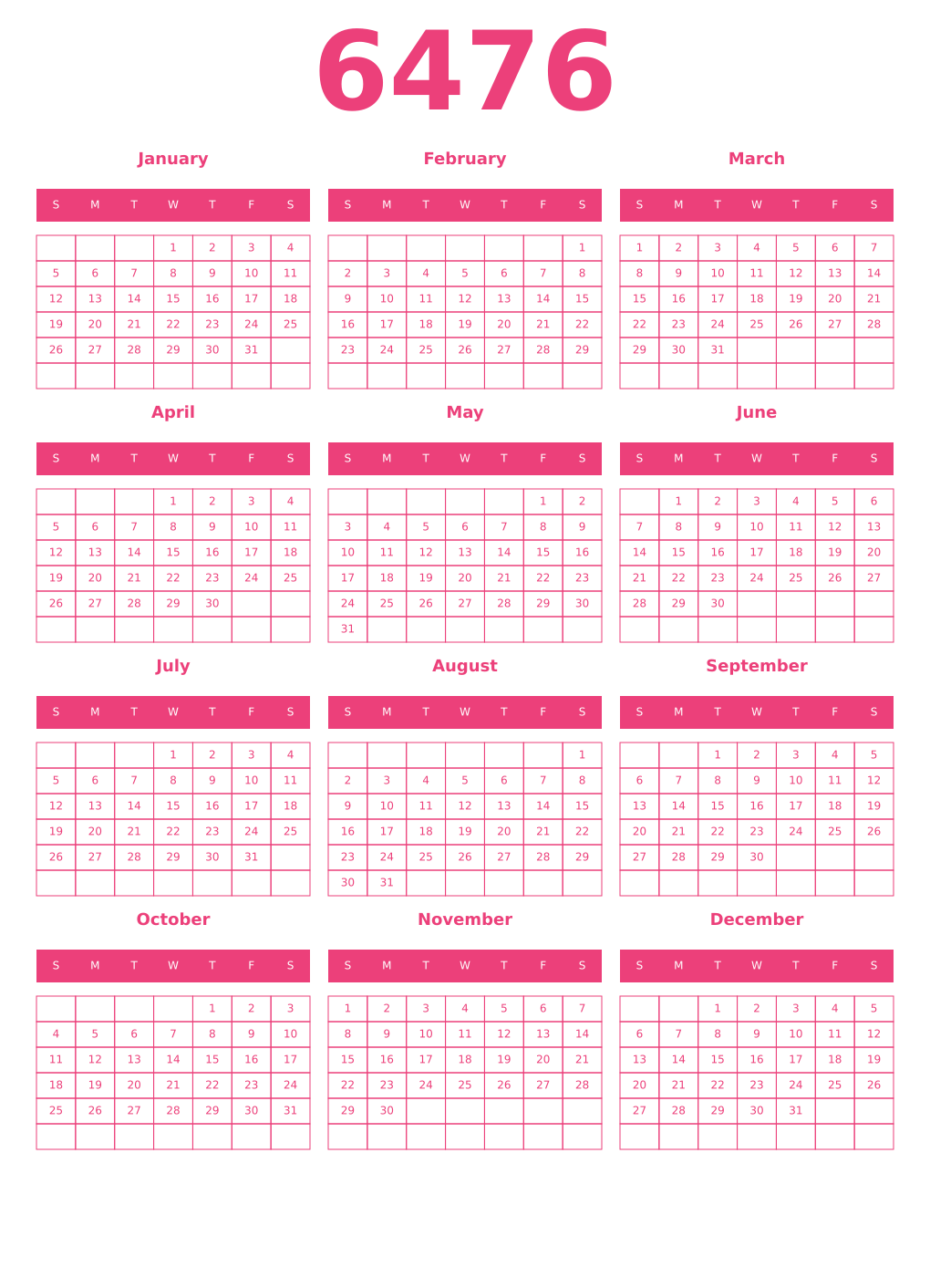 Printable 6476 Year Calendars pink