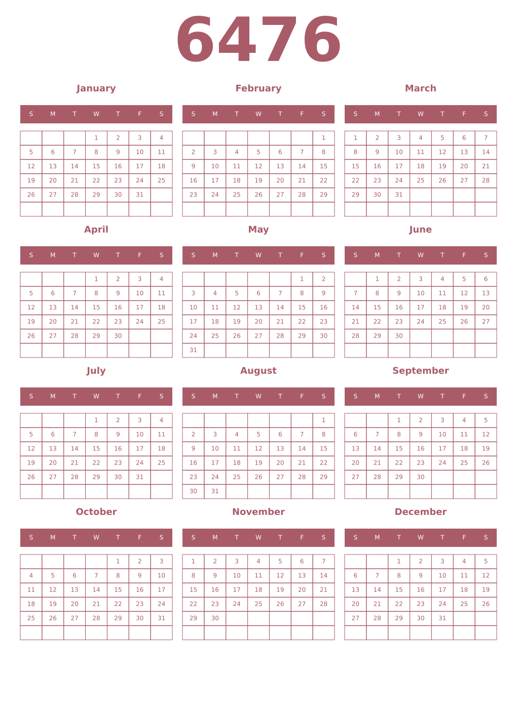 Printable 6476 Year Calendars puce