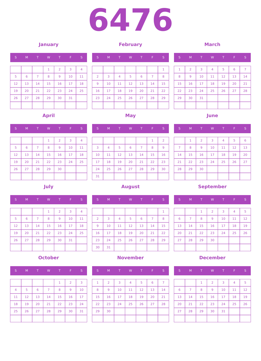 Printable 6476 Year Calendars purple
