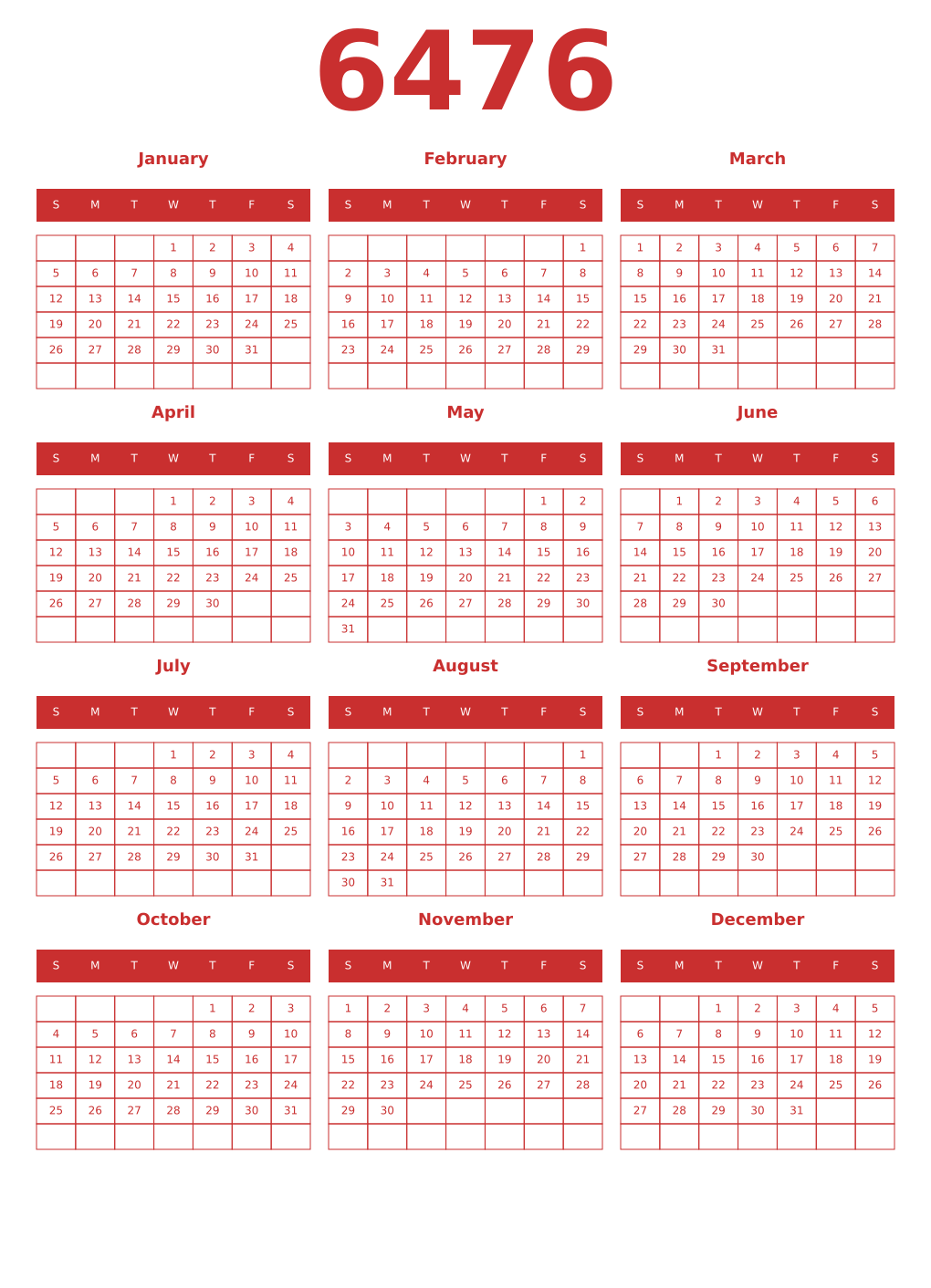 Printable 6476 Year Calendars red