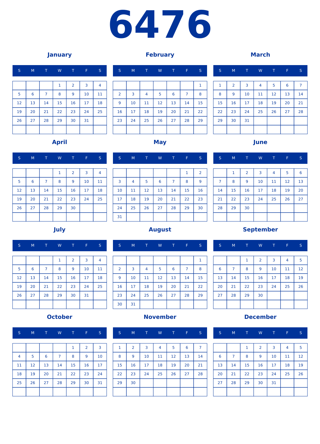 Printable 6476 Year Calendars smalt