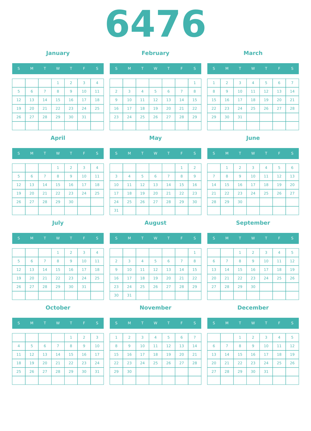 Printable 6476 Year Calendars verdigris