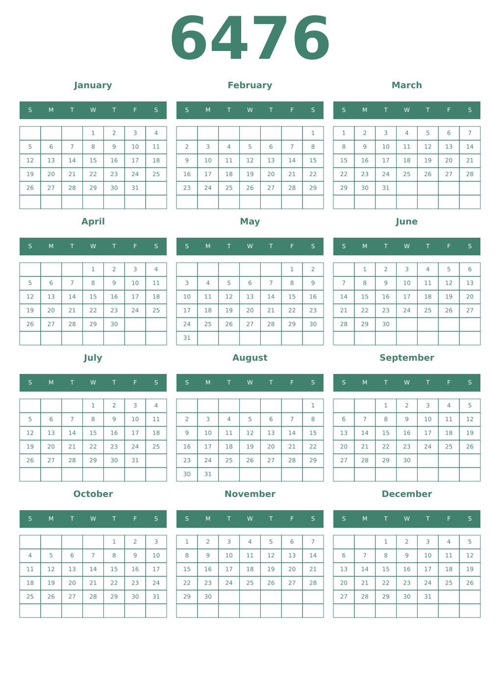 Printable 6476 Year Calendars viridian