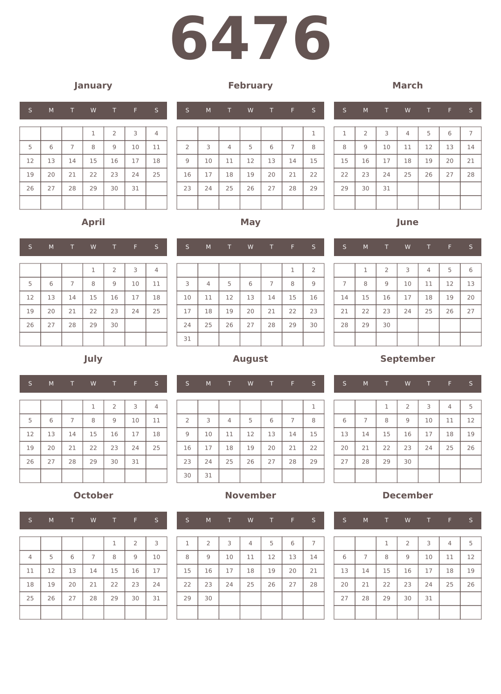 Printable 6476 Year Calendars wenge