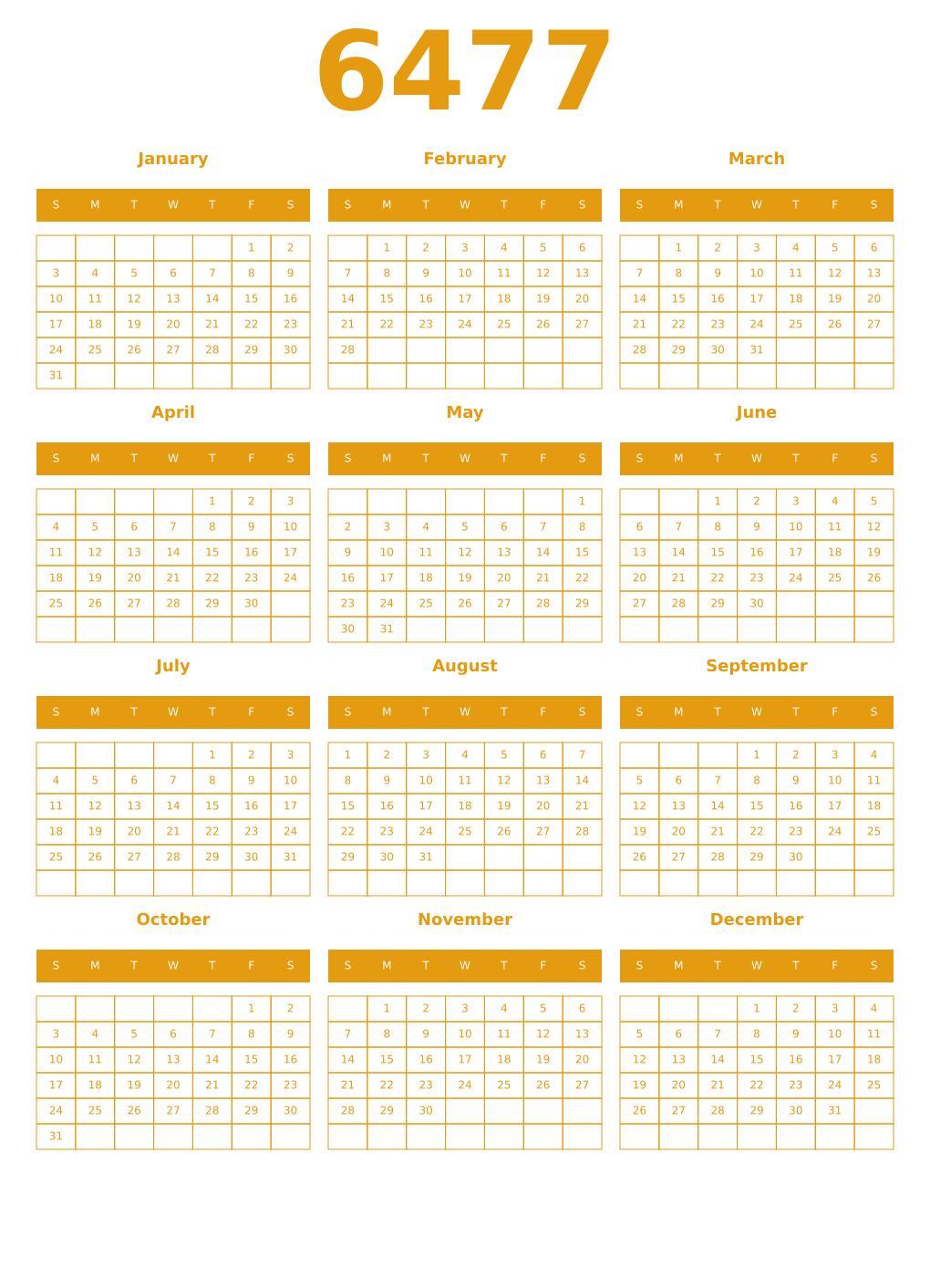 Printable 6477 Year Calendars gamboge
