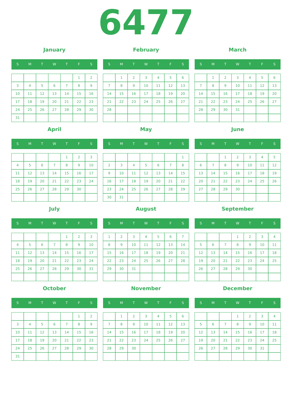 Printable 6477 Year Calendars green