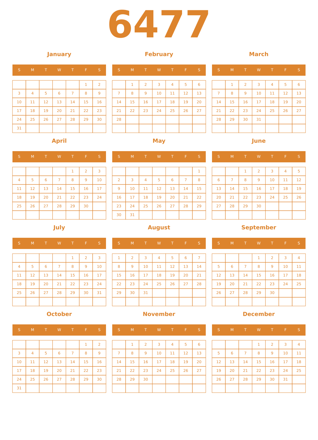 Printable 6477 Year Calendars orange