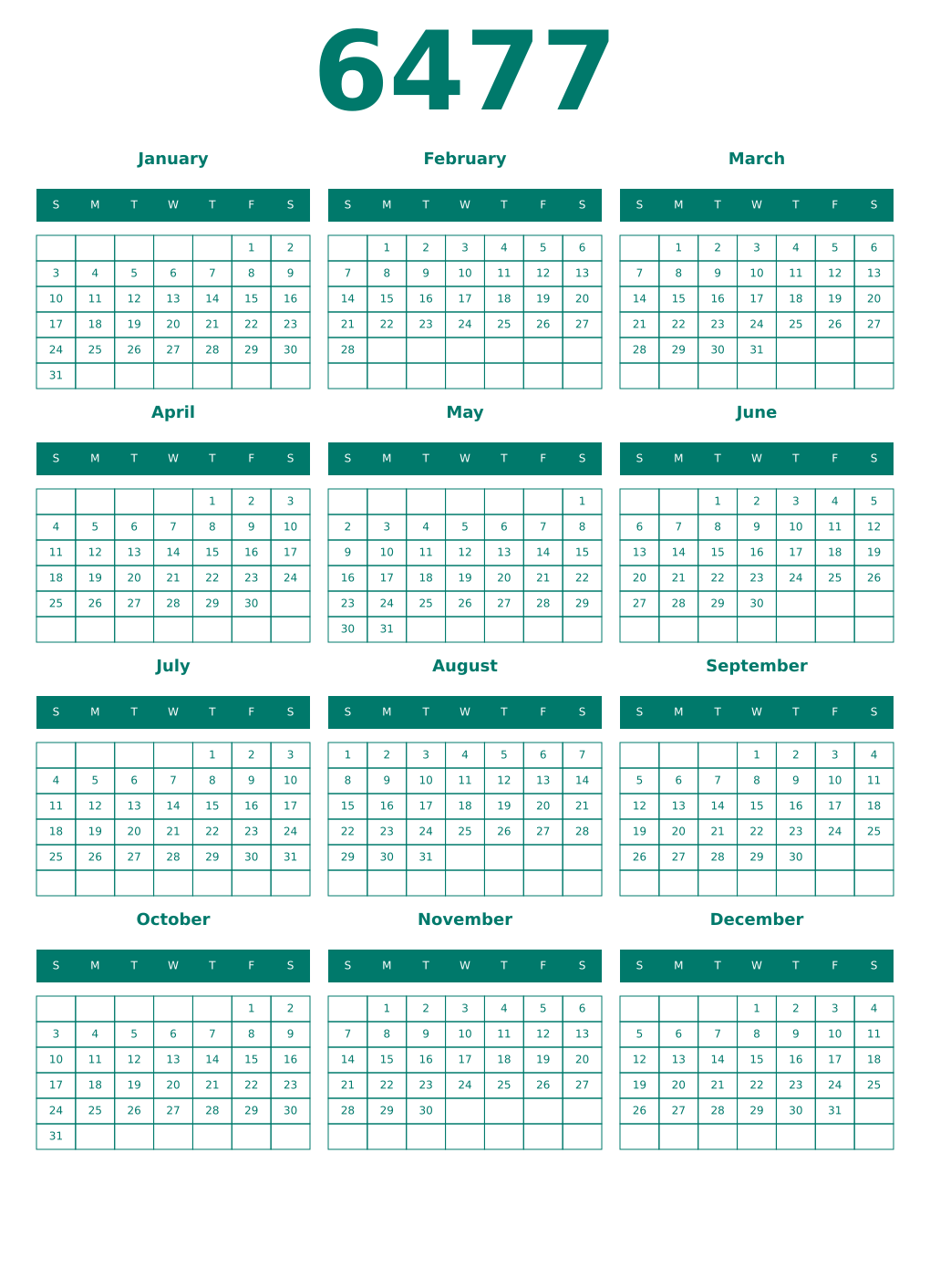 Printable 6477 Year Calendars pastel
