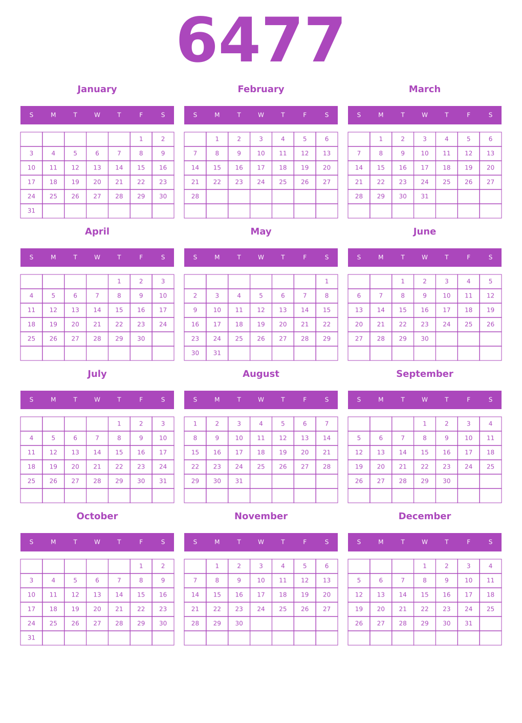 Printable 6477 Year Calendars purple