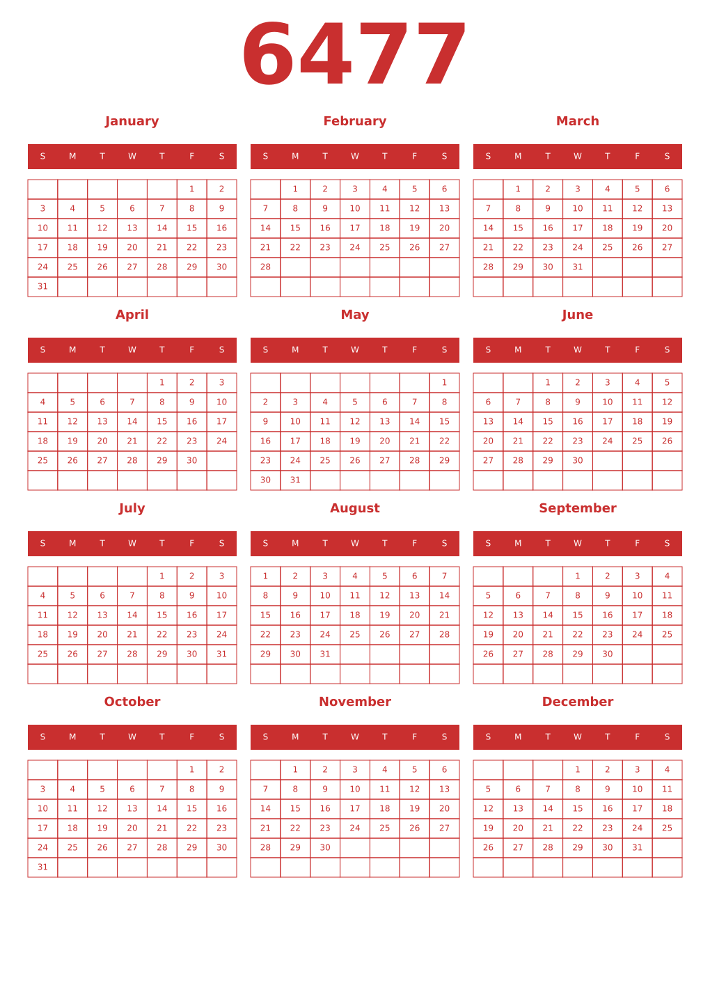 Printable 6477 Year Calendars red