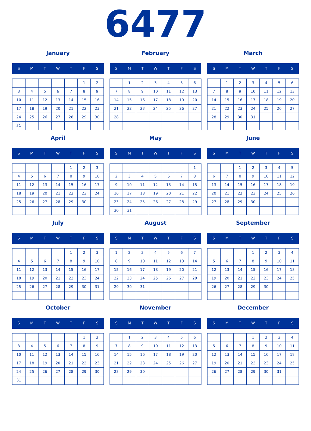 Printable 6477 Year Calendars smalt