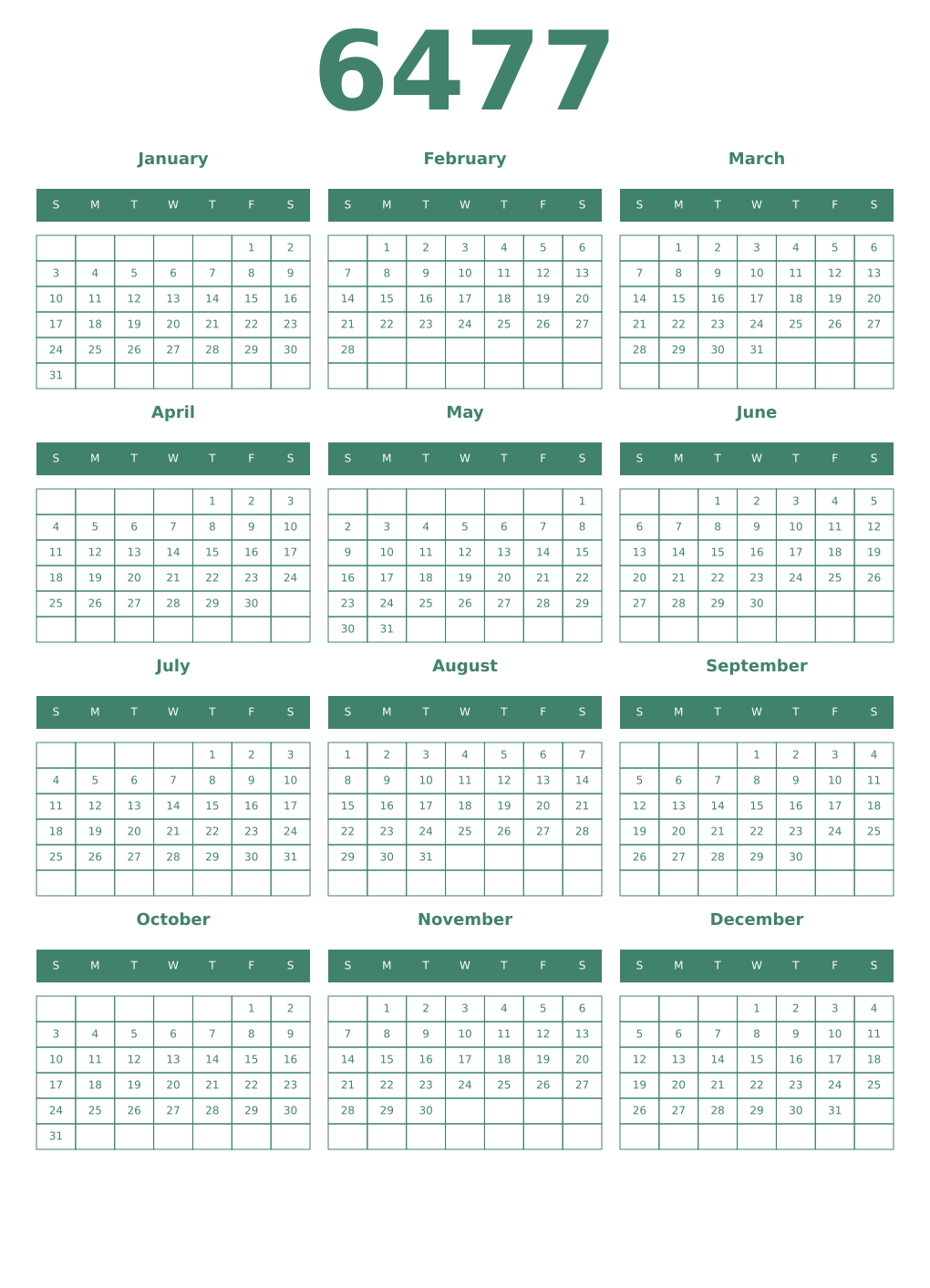 Printable 6477 Year Calendars viridian