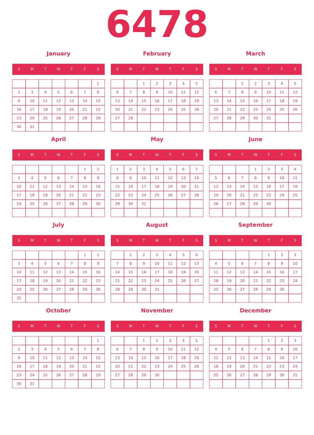 Printable 6478 Year Calendars amaranth