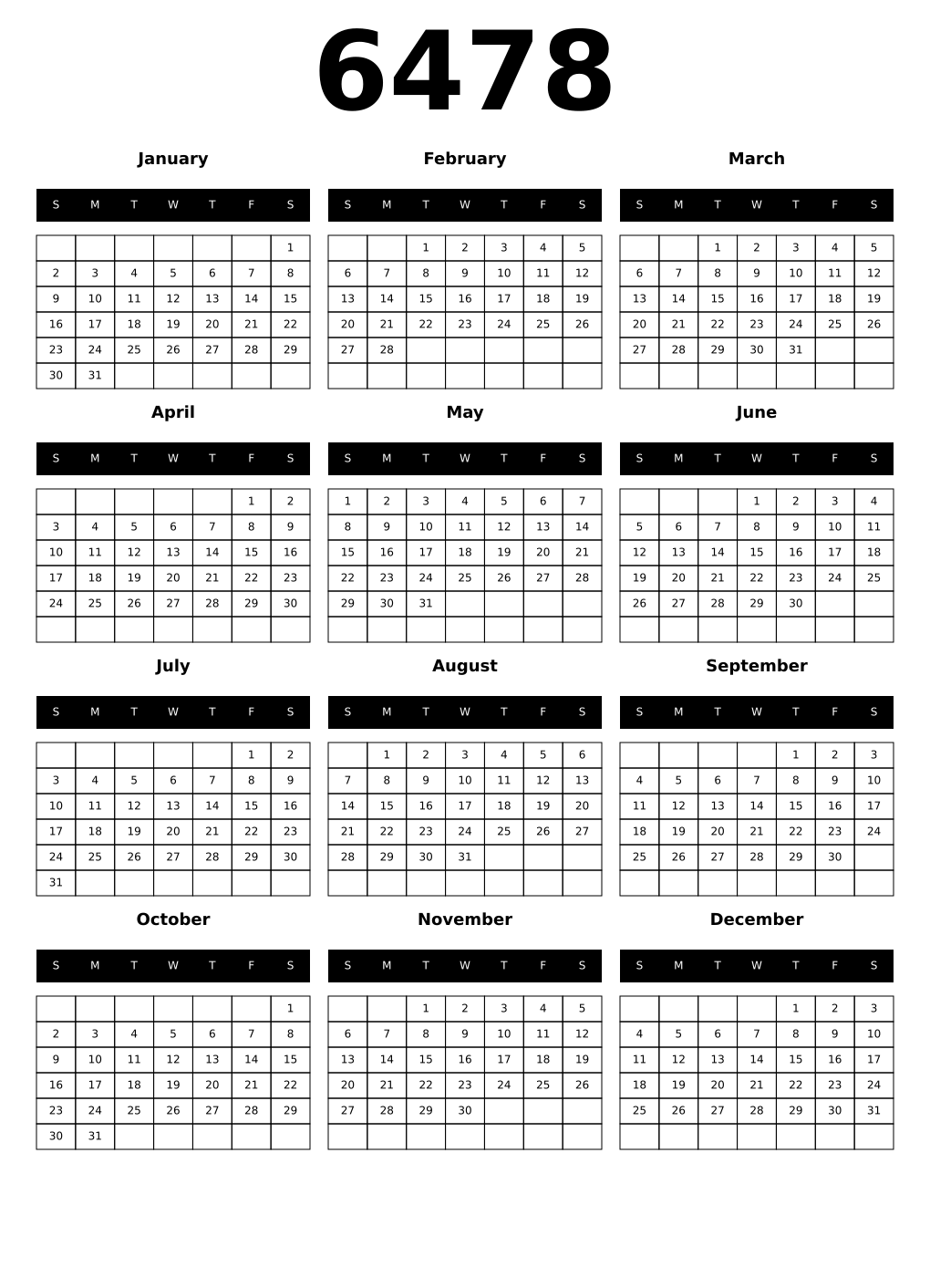 Printable 6478 Year Calendars black