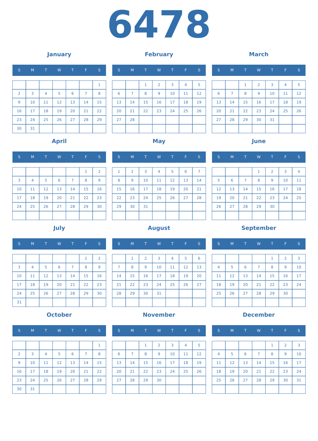 Printable 6478 Year Calendars blue