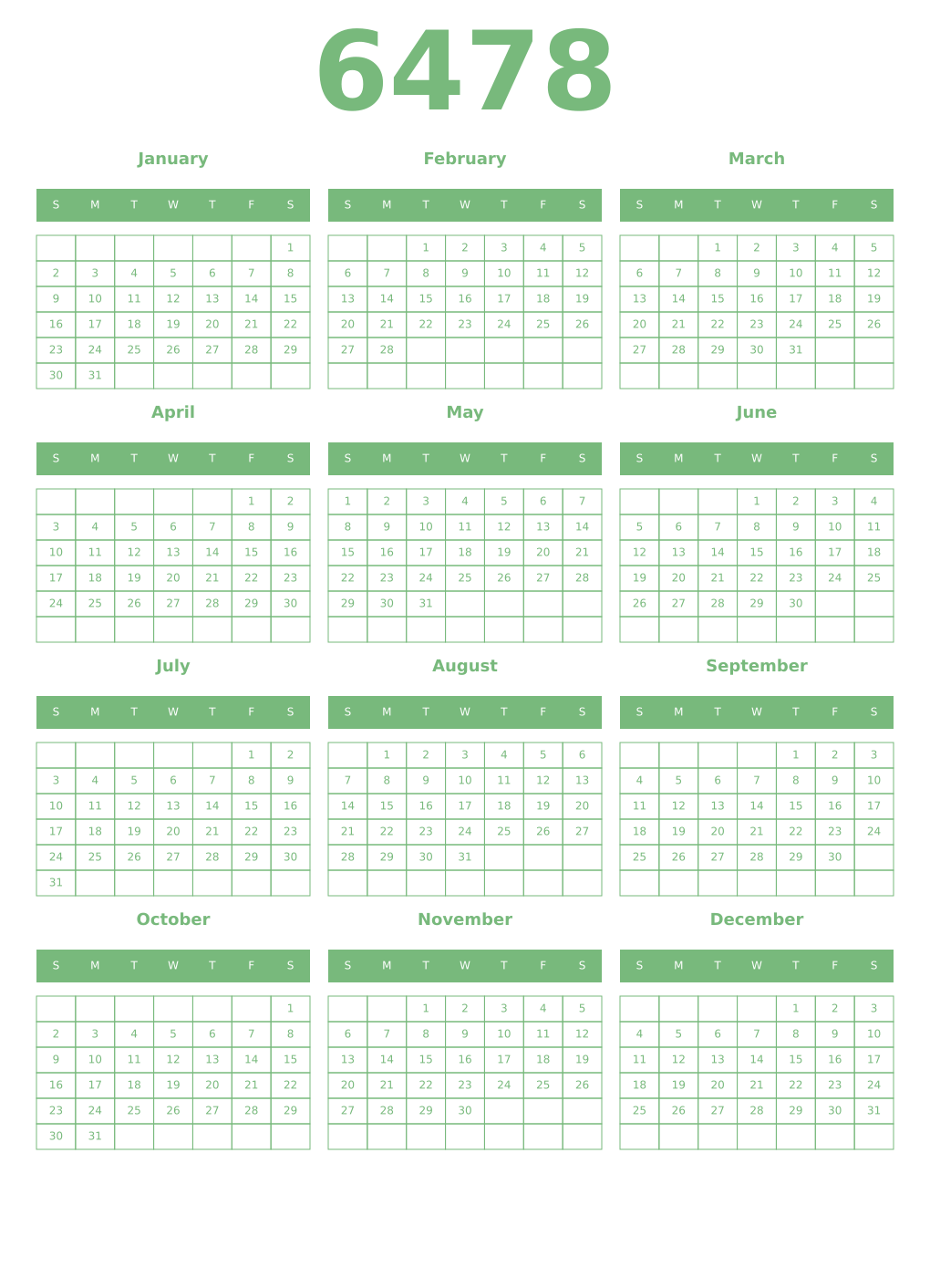 Printable 6478 Year Calendars celadon