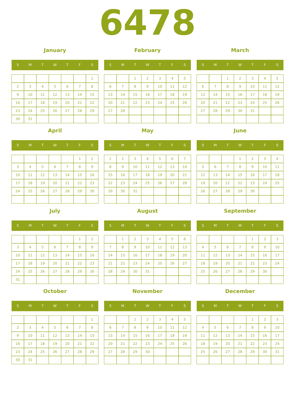 Printable 6478 Year Calendars chartreuse