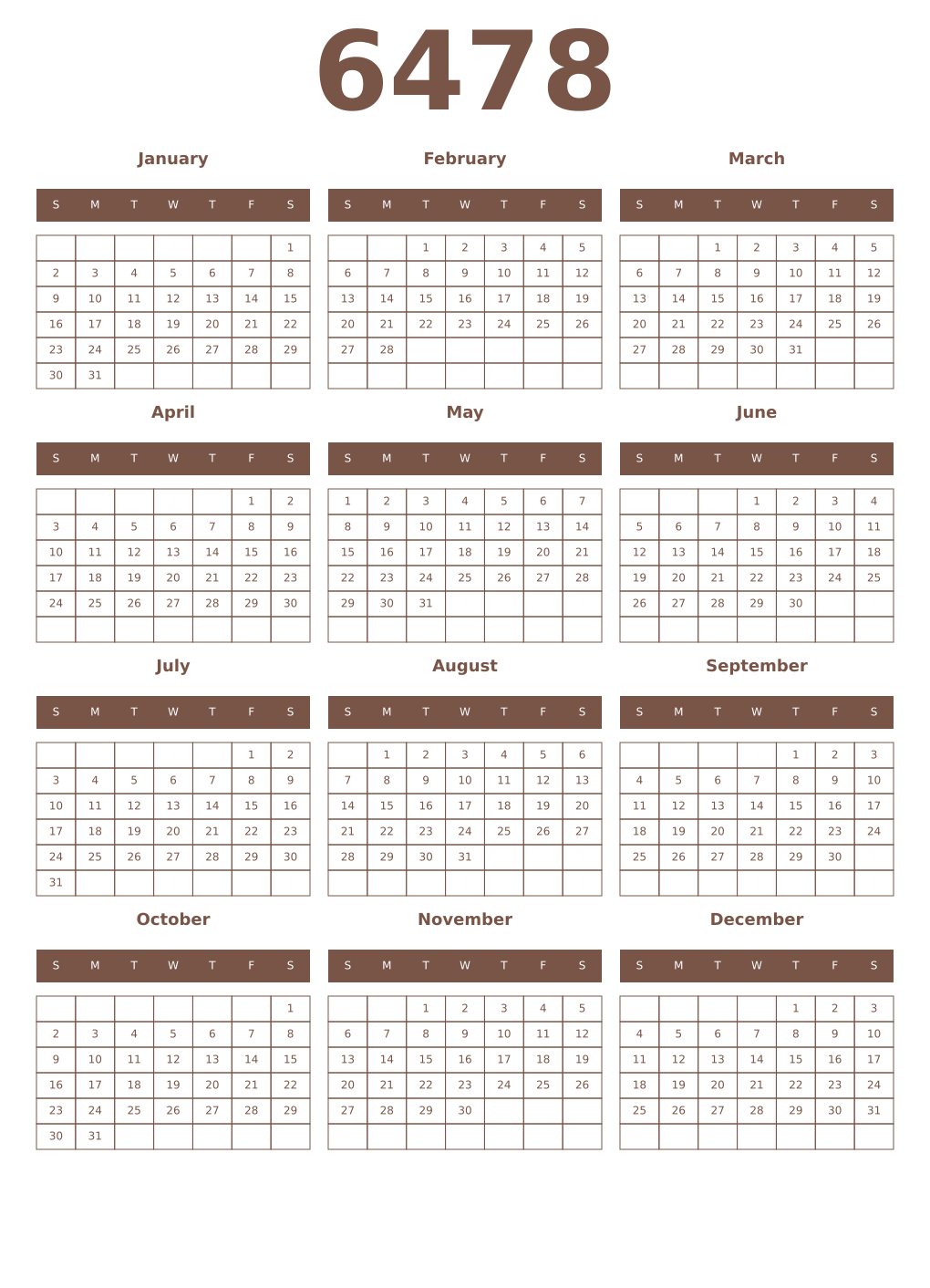 Printable 6478 Year Calendars coffe