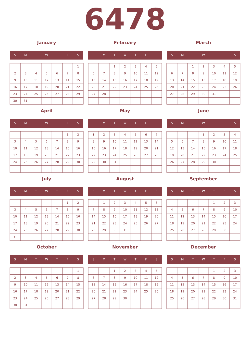 Printable 6478 Year Calendars cordovan