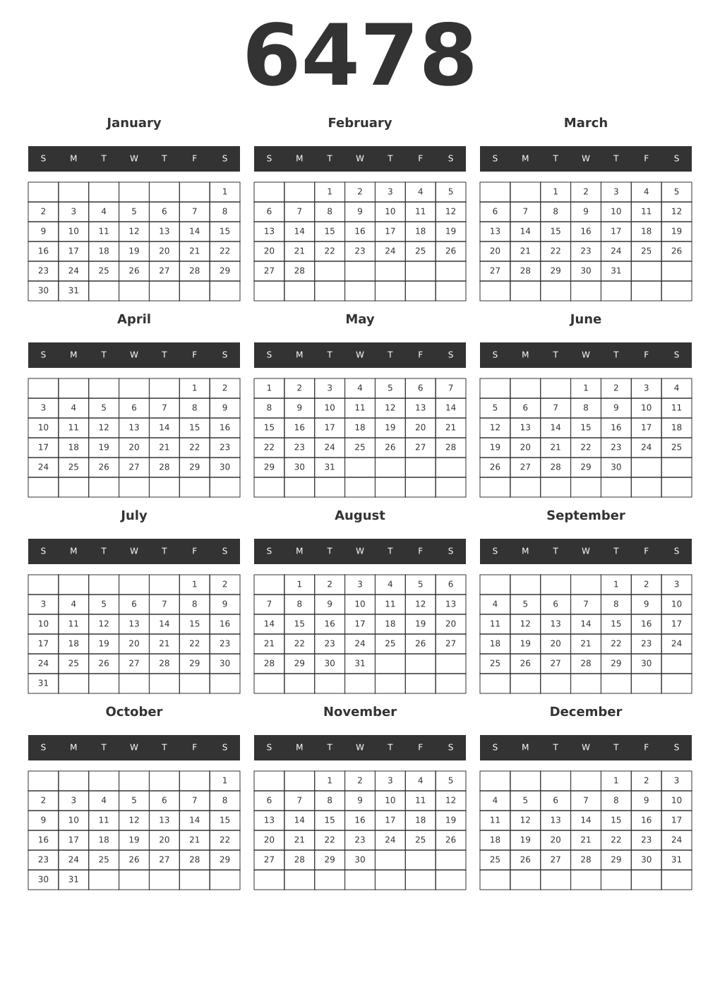 Printable 6478 Year Calendars dark