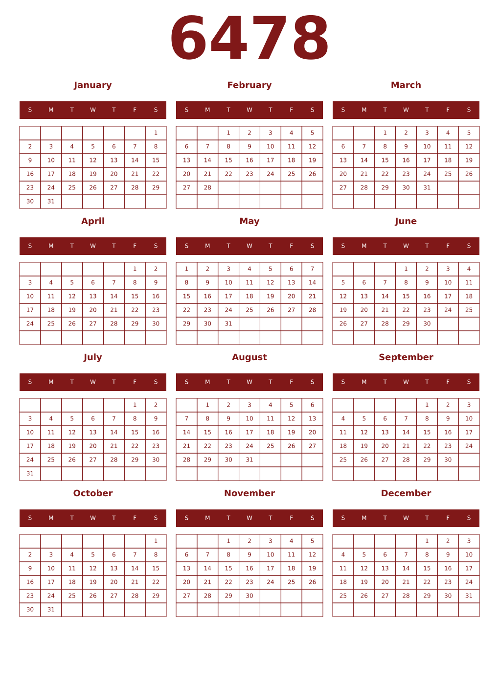 Printable 6478 Year Calendars falu