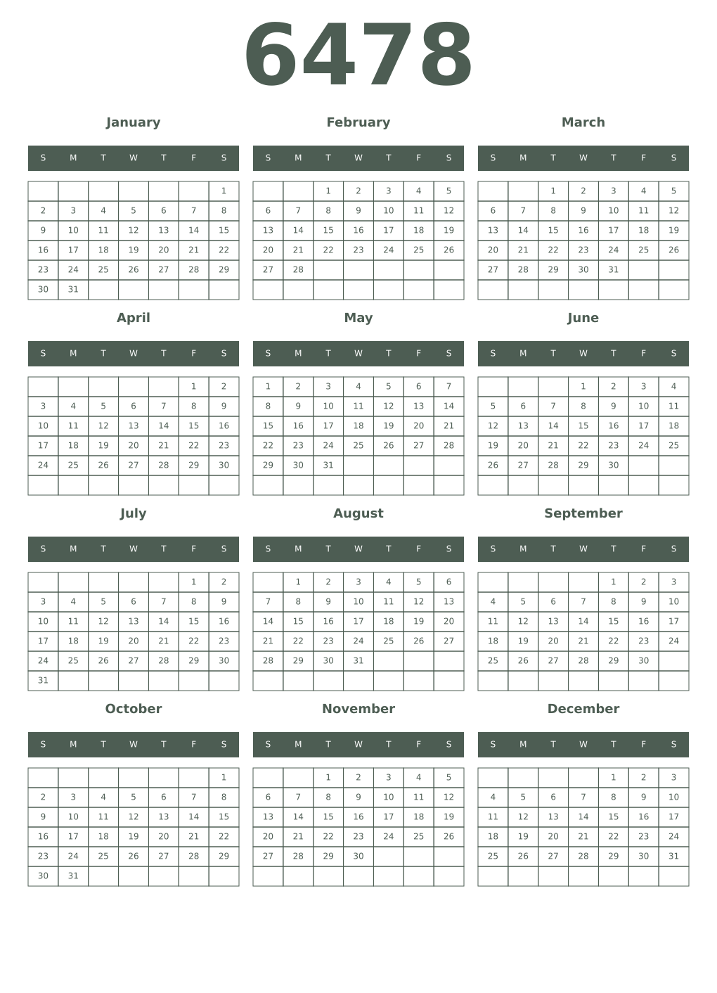 Printable 6478 Year Calendars feldgrau