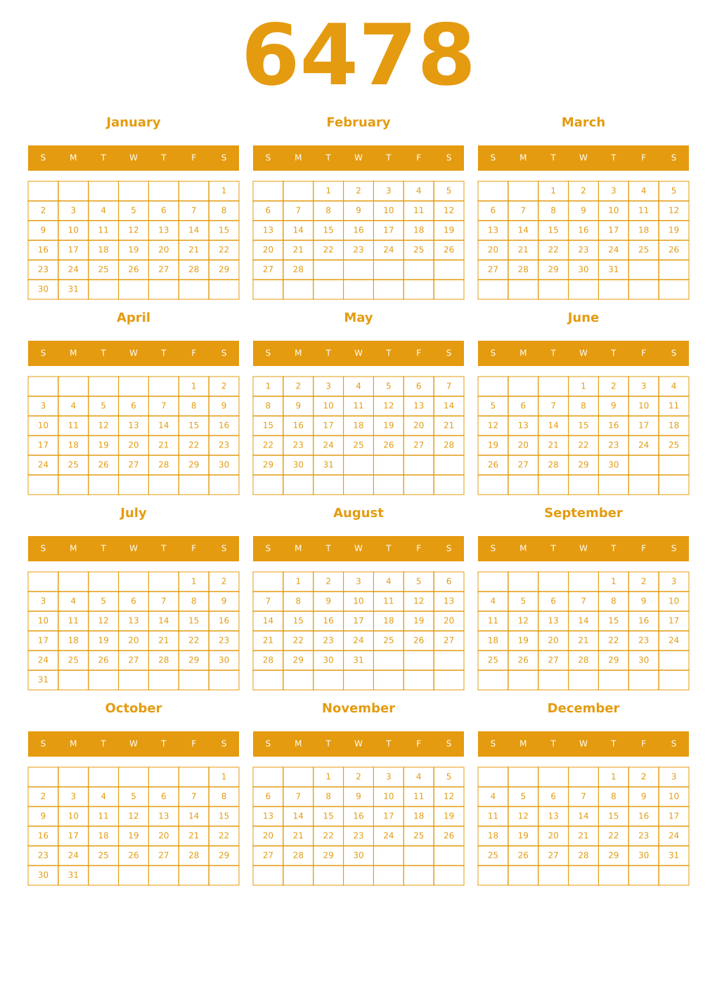 Printable 6478 Year Calendars gamboge