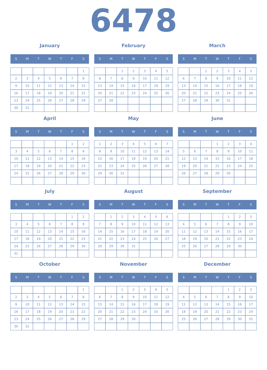 Printable 6478 Year Calendars glaucous